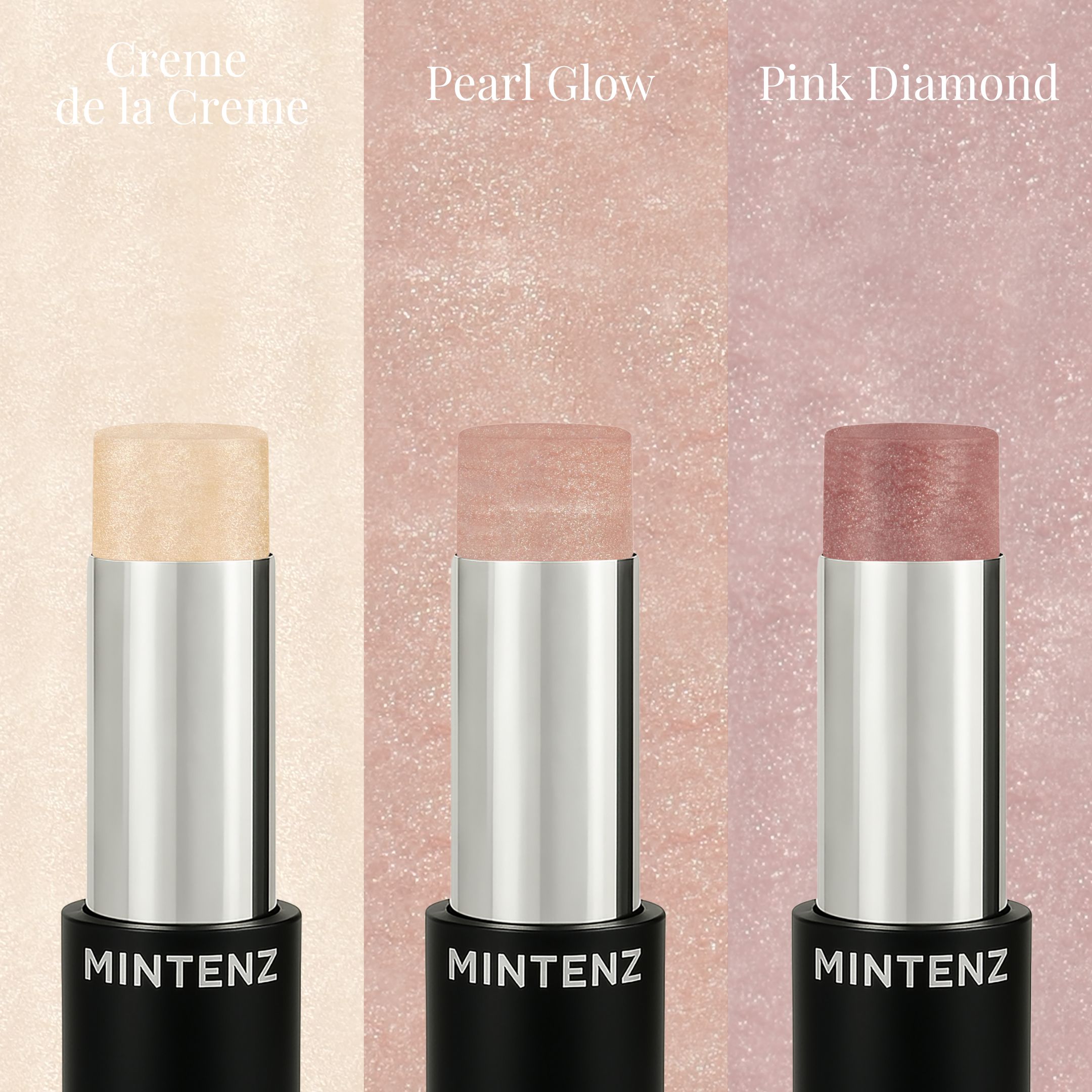 Overzicht Highlighter Sticks Creme de la Creme, Pearl Glow, Pink Diamond