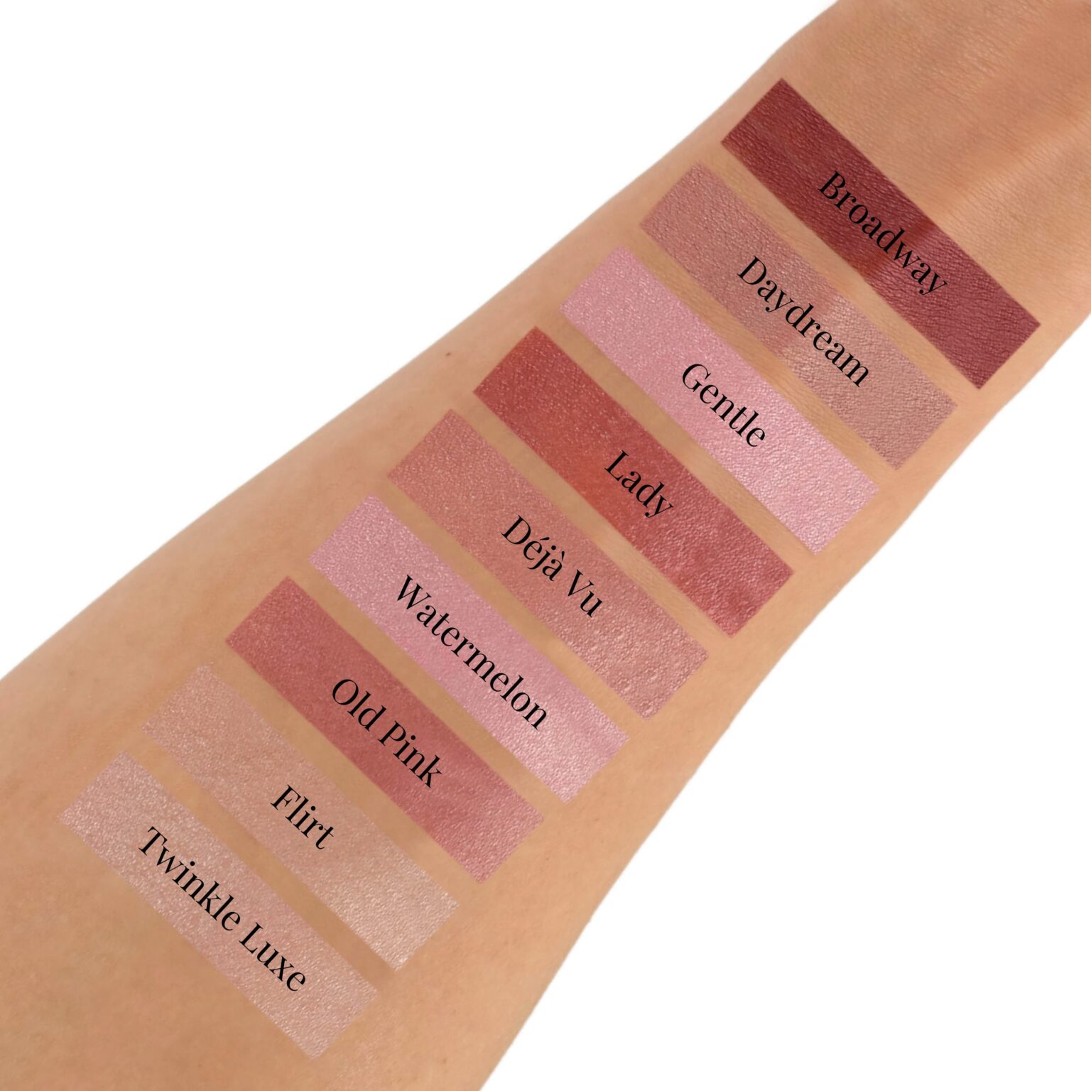 Swatches-Broadway-Daydream-Gentle-Lady-DejaVu-Watermelon-OldPink-Flirt-TwinkleLuxe