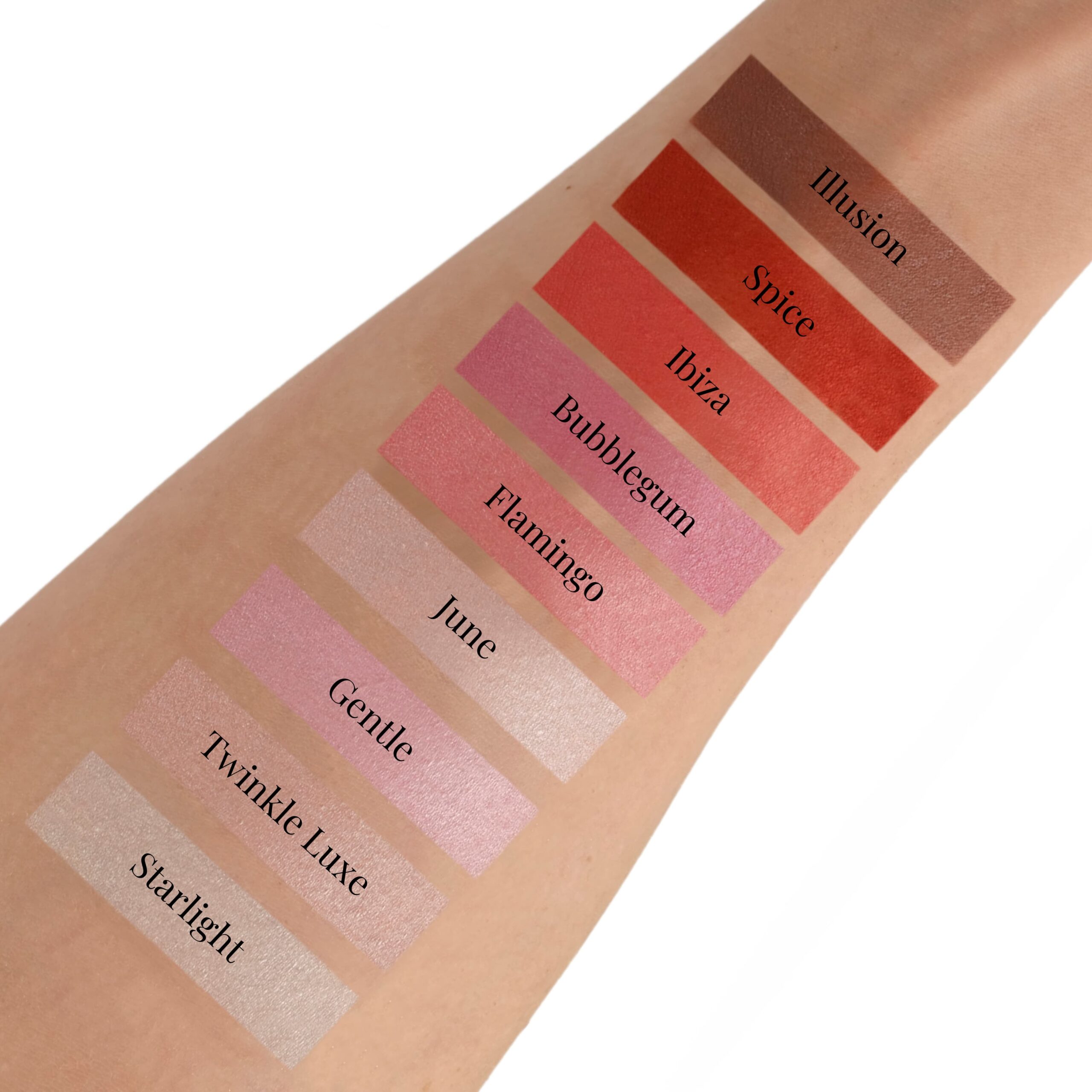 Swatches-Ilussion-Spice-Ibiza-Bubblegum-Flamingo-June-Gentle-TwinkleLuxe-Starlight