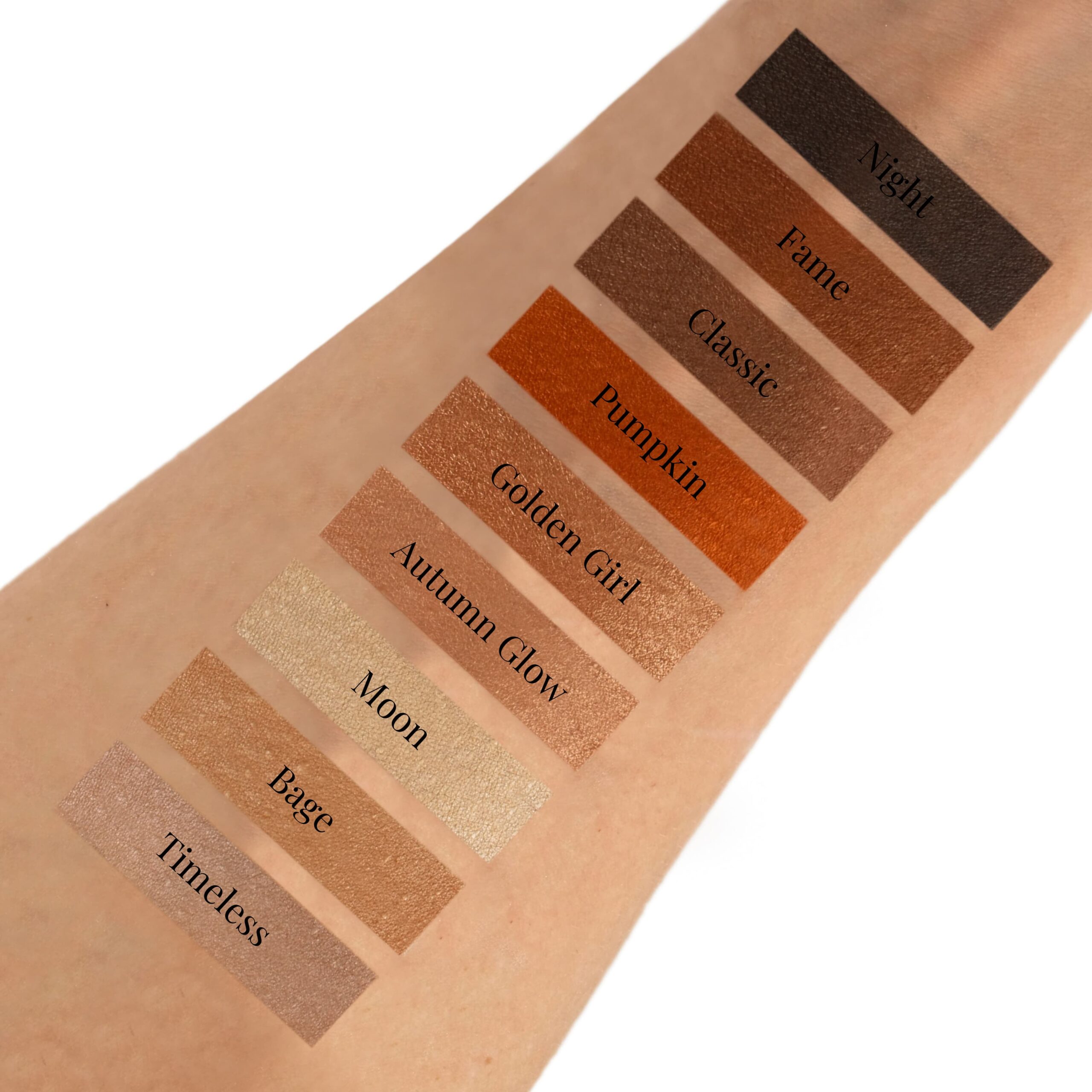 Swatches-Night-Fame-Classic-Pumpkin-GoldenGirl-AutumnGlow-Moon-Bage-Timeless